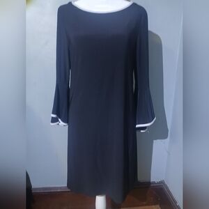 Roz & Ali Black Dress with White Trim | Flared Sleeve Elegant Style | Size L
